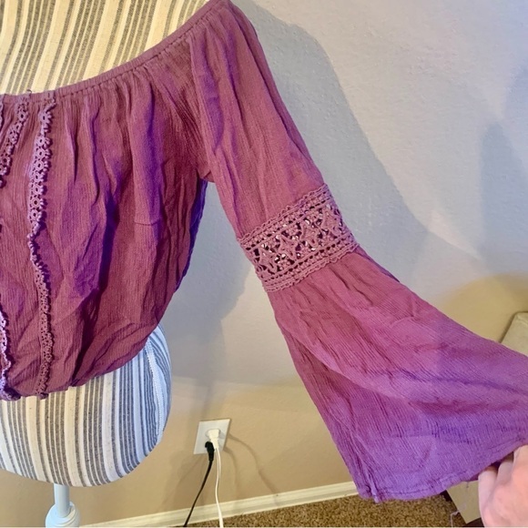Cropped Peasant Top Large Charlotte Russe Plum Purple Crochet Lace Detail Rayon - Picture 6 of 13